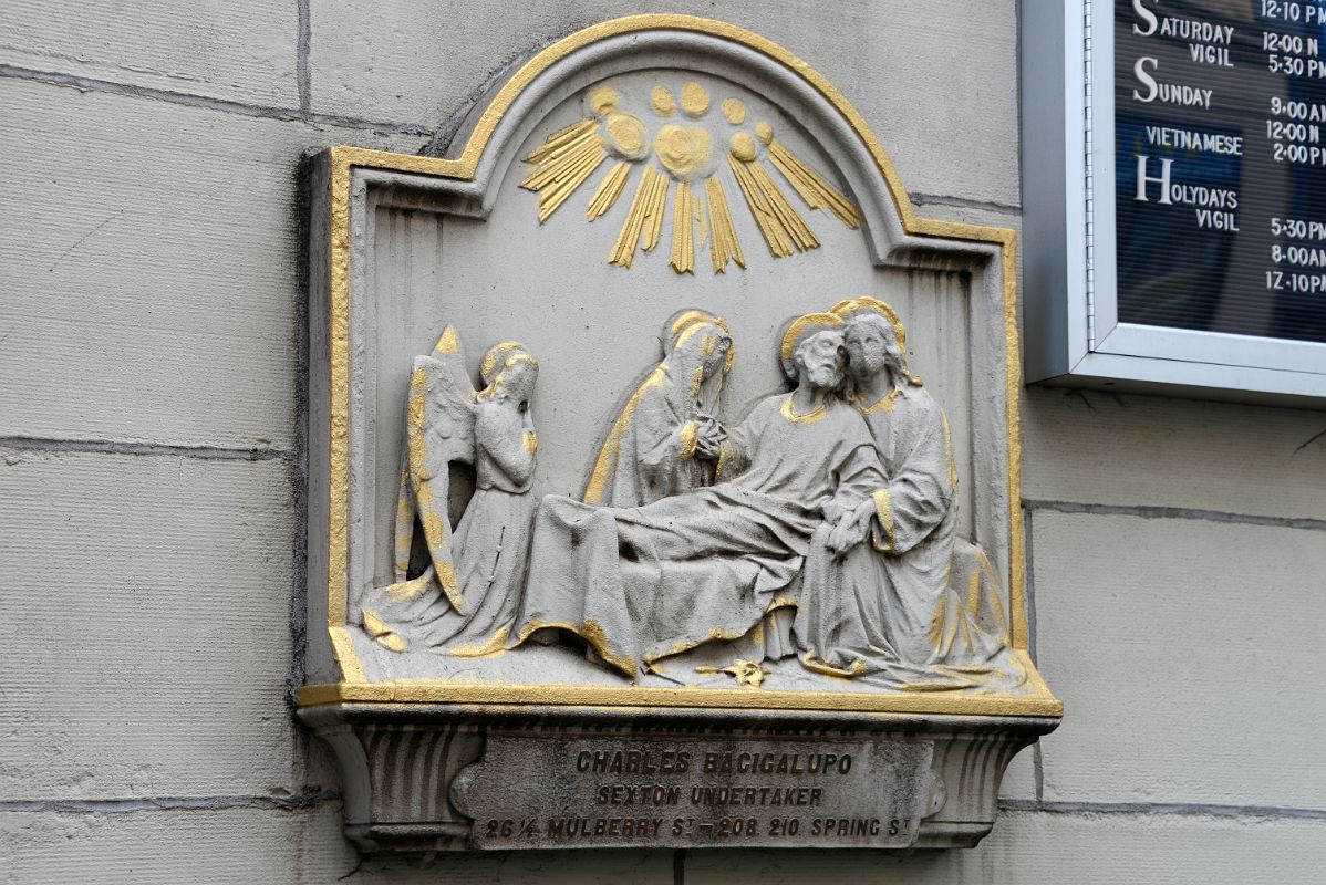 02-4 Charles Bacigalupo Sexton Undertaker Under A Carving At Church of the Most Precious Blood At 109 Mulberry St In Little Italy New York City